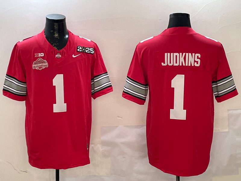 Men's Ohio State Buckeyes Quinshon Judkins #1 Red 2025 CFP Final National Champions Patch F.U.S.E. Jersey