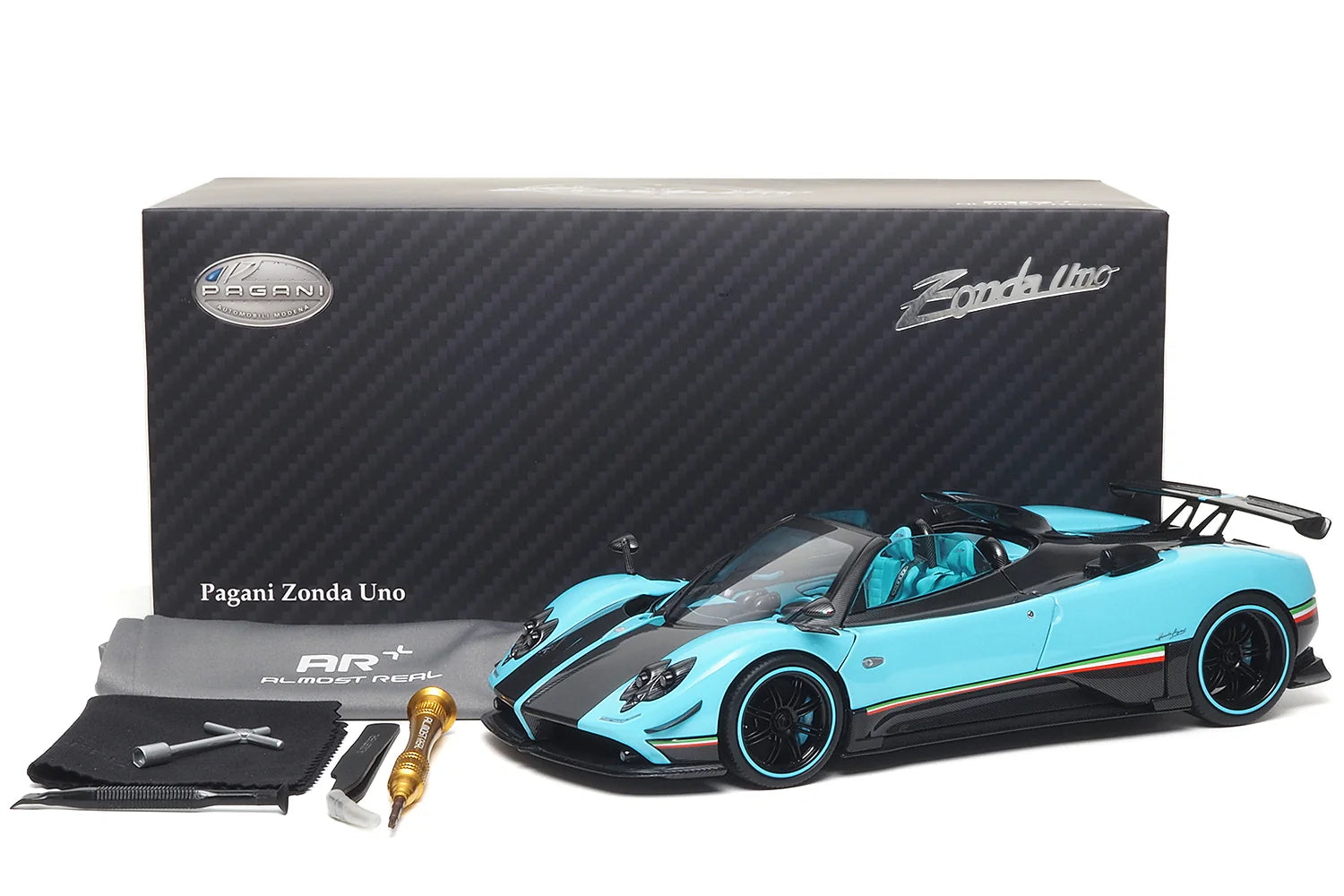 Pre-order BBR Pagani Zonda Uno Coupe Turchese and carbon, Fully Open - Limited Edition