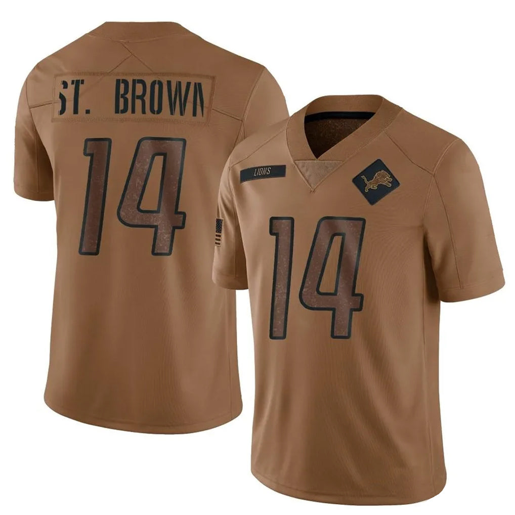 D.Lions #14 Amon-Ra St. Brown Player Brown Salute To Service Limited Football Jerseys