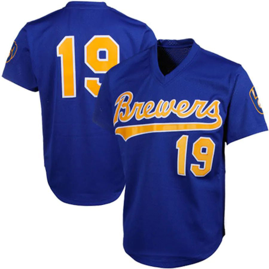M.Brewers #19 Robin Yount Player Royal Cooperstown Mesh Batting Practice Baseball Jerseys