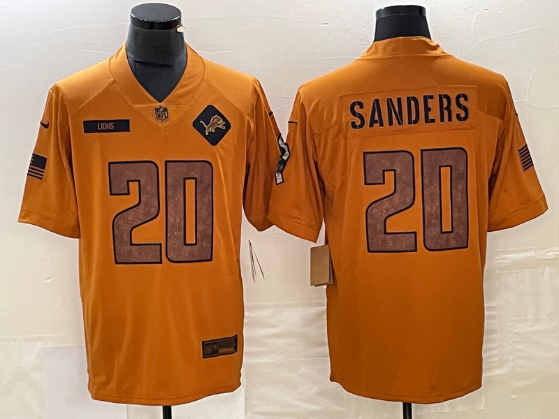 Men's Detroit Lions Barry Sanders #20 Brown 2023 Salute To Service Retired Player Limited Jersey1